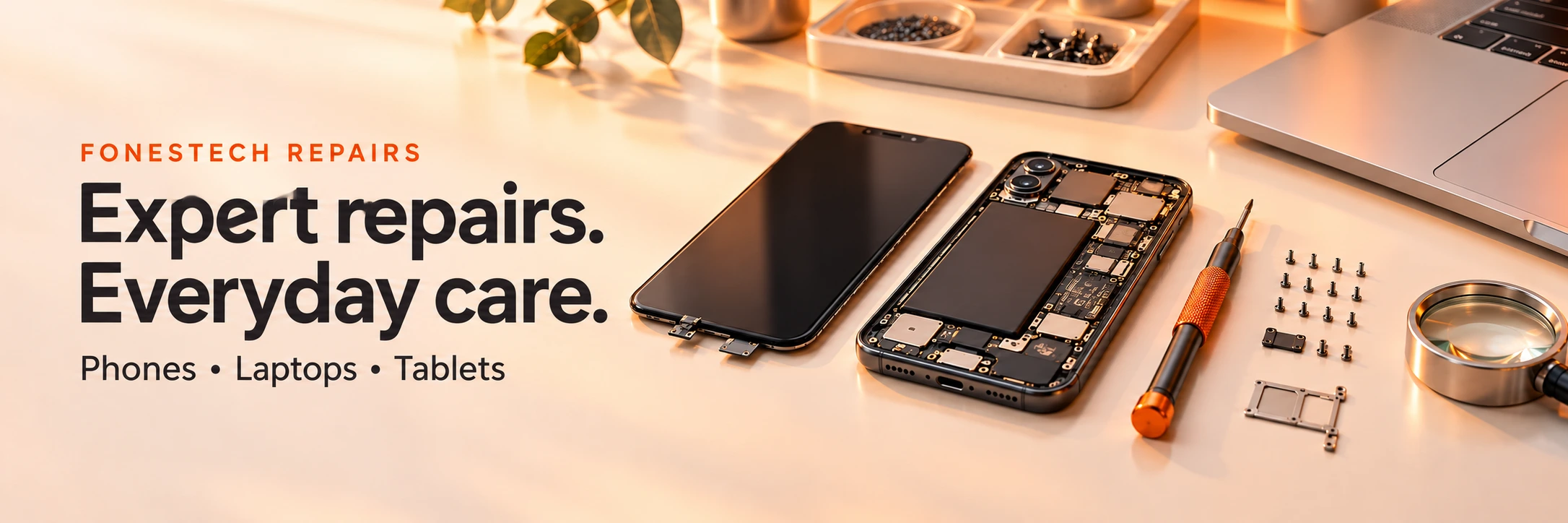Phones and precision tools on a warm repair workbench