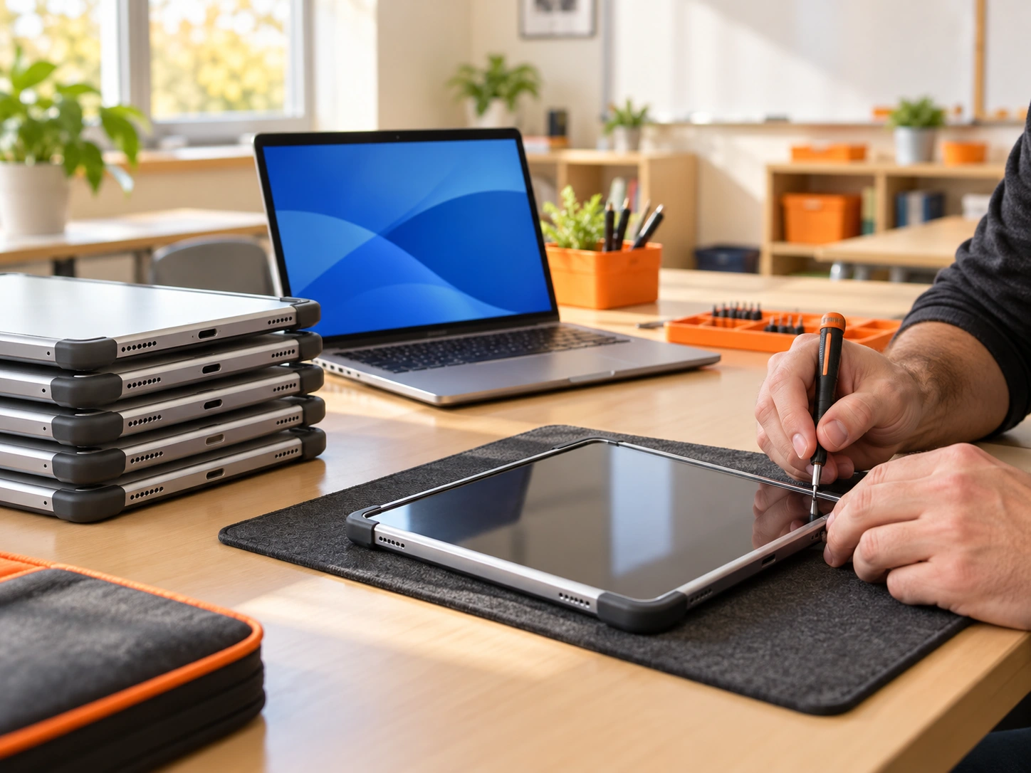 Education tablets and laptop being assessed by a technician